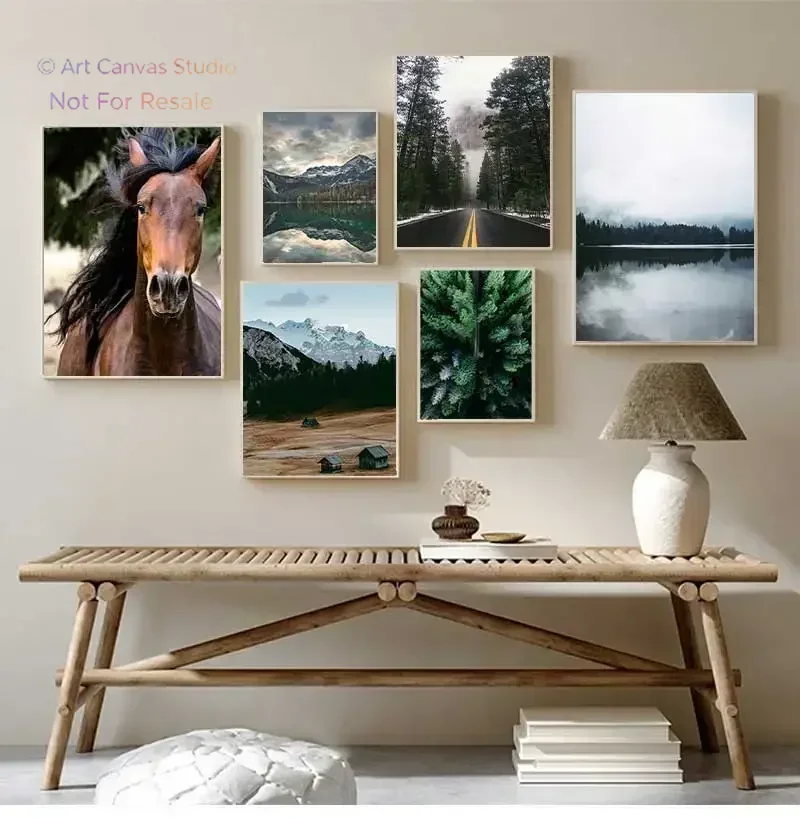 Horse Galloped Through The Nordic Forest – Mountain Landscape Frameless Canvas for Living Room Home Nature Wall Decor