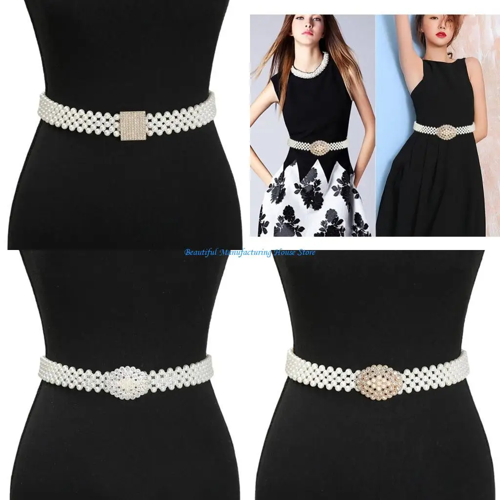 E56A Women Elastic Waist Chain With Artificial Pearls And Crystals Adjustable Stretch Belt Accessory For Dresses And Parties