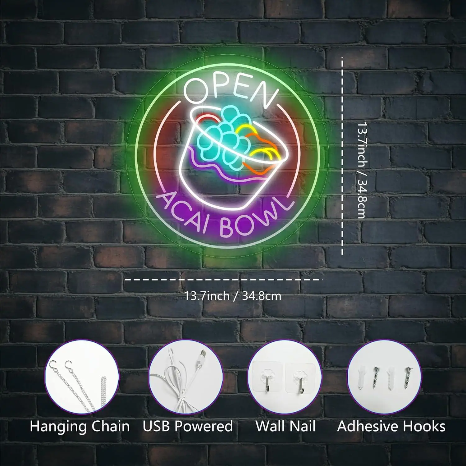 Open Acai Bowl Neon Sign USB Dimmable LED Lights For Juice Bar Restaurant Cafe Food Truck Retail Store Wall Decoration Gifts