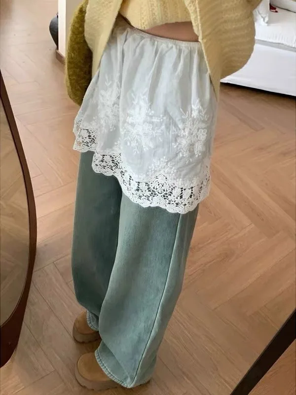 

High Waist A-Line Skirt plus Size Women's Faion Layered Wear Hip Concealment Lace Trim ort Skirt Casual Spring