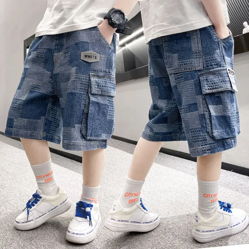 

2025 Kids Clothing Summer New Loose Casual Contrasting Colors Elastic Waist Spliced Pocket Fashion Korean Version Cowboy Shorts