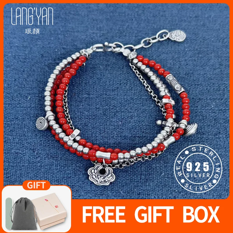 

Langyan браслет из стерлингового серебра 925 пробы с красным агатом и бисером в китайском стиле, ретро, подвески ручной работы, браслеты, ювелирные изделия, подарок на удачу, SL211