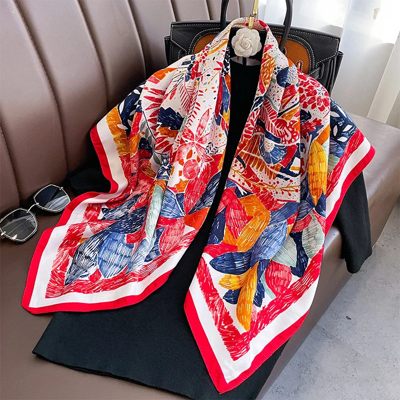 

Twill Silk Scarf Women 90cm Square Hijab Shawls And Wraps Female Foulard Headkerchief Elegant Floral Summer Autumn Lady Bandana