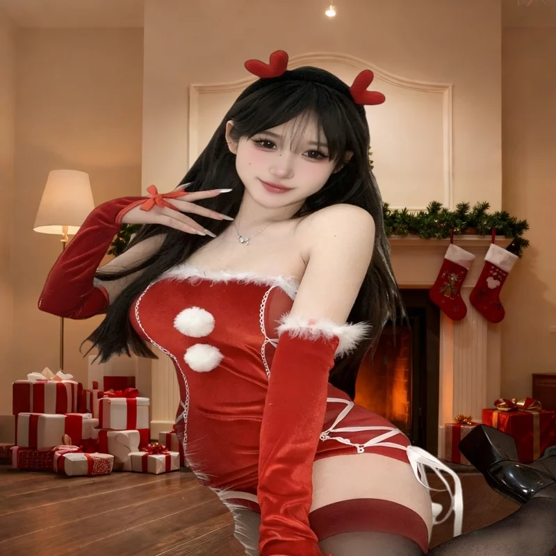 Czerwony świąteczny zestaw: seksowna sukienka, piżama, uniform dla kobiet, na urodziny, bielizna, prezent, strój na imprezę, do odgrywania ról.