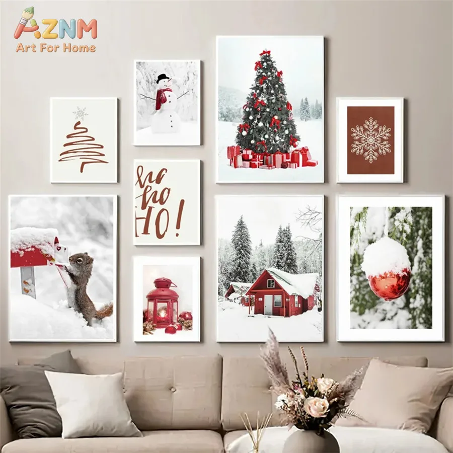 AZNM Winter Christmas Canvas Wall Art Snowman Tree Red Cabin Print for Festive Home Decor