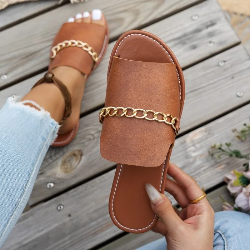 Women's Large Size Chain Flat Sandals 36-43 Summer 2026 Fashion Casual Versatile Open Toe Slippers Versatile Comfortable Sandals