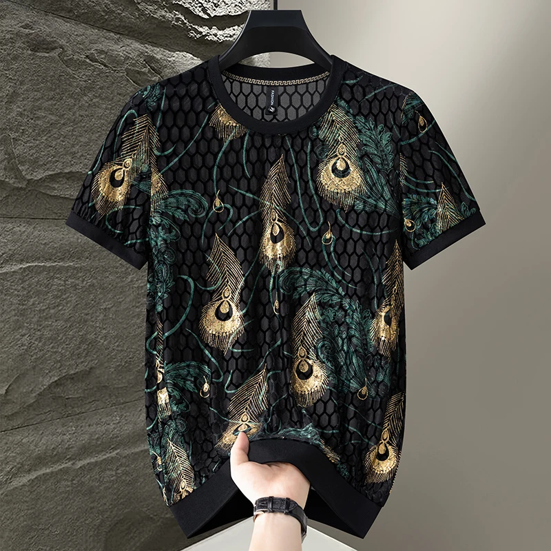 Hollow Out Breathable T Shirt For Men Short Sleeve Print Elastic Summer Cool Quality Velvet Soft Comfortable Camisetas De Hombre