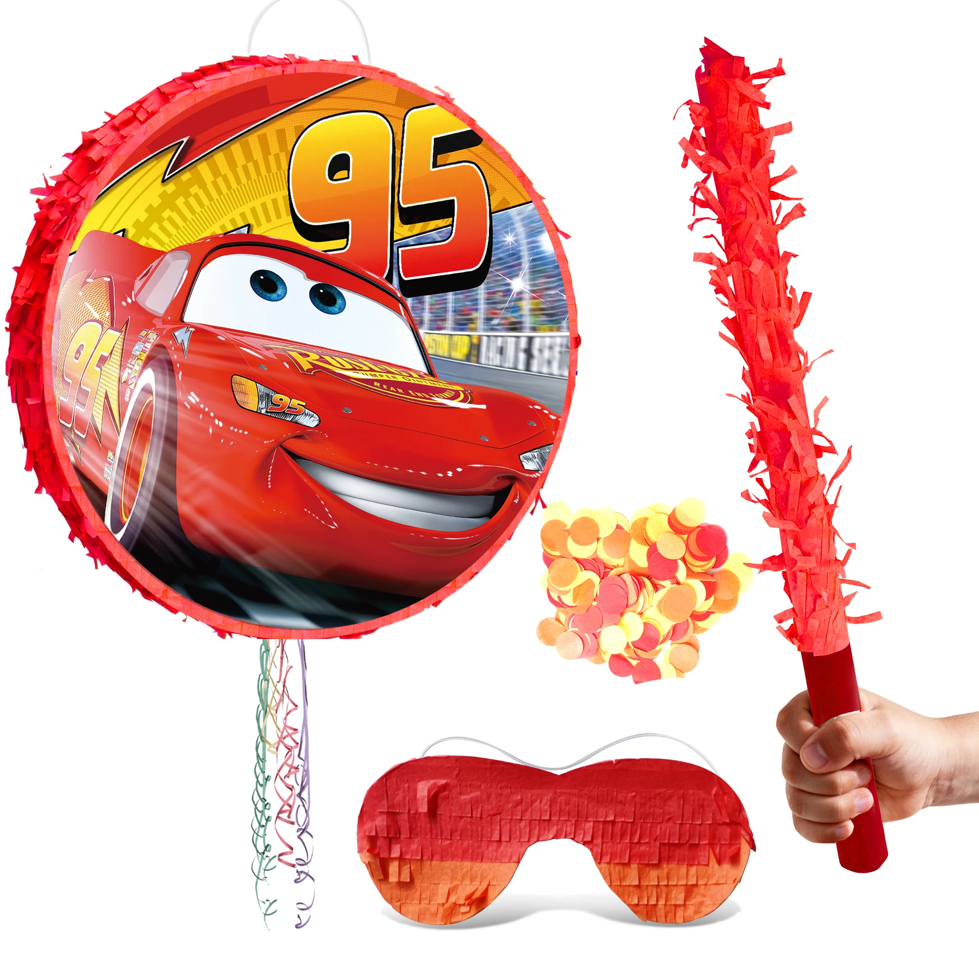 Lightning McQueen Pinata, 4 pièces Lightning McQueen rond Pinata ensemble-voitures Pinata & Pinata bâtons masques pour les yeux etc voitures Piñata fournitures