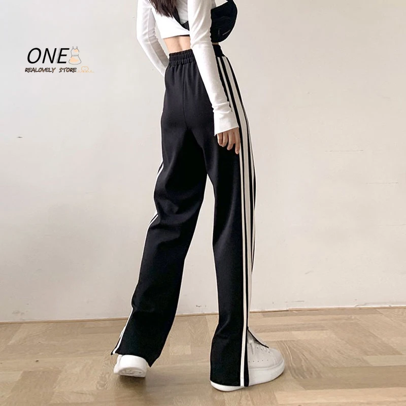 

Femme High Waist Black White Pants Striped Straight Loose Slit 90% Cotton Stretch Pants Spring Autumn Women Trousers