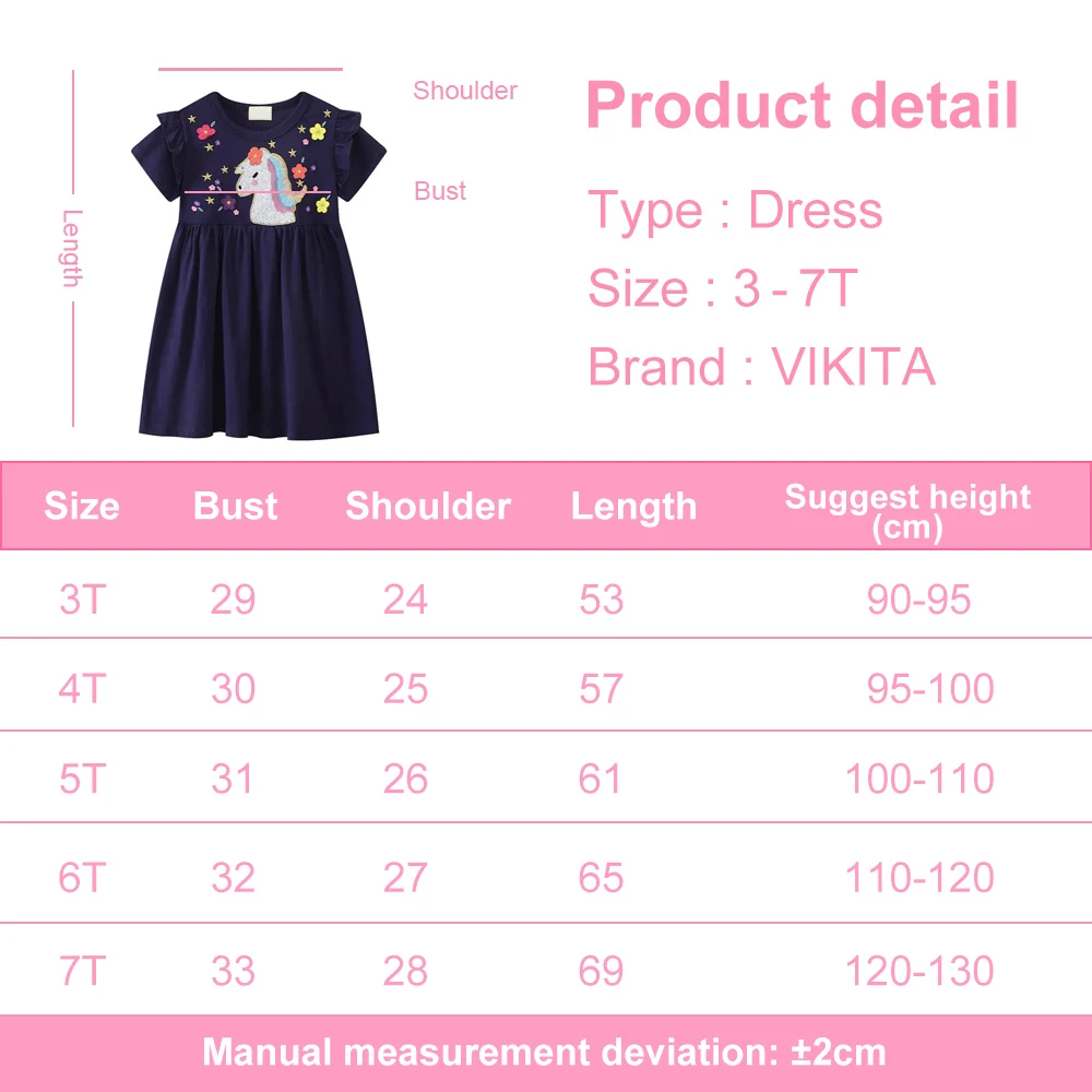 VIKITA Kids Navy Blue Dress Girls Licorne Flower Embroidery Straight Cotton Casual Dress Toddlers Summer Princess Daily Clothes