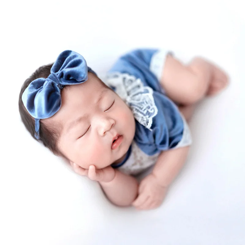 Ylsteed Newborn Velvet Romper Photography Clothes with Bow Headband Baby Girl Lace Outfit for Photo Shooting