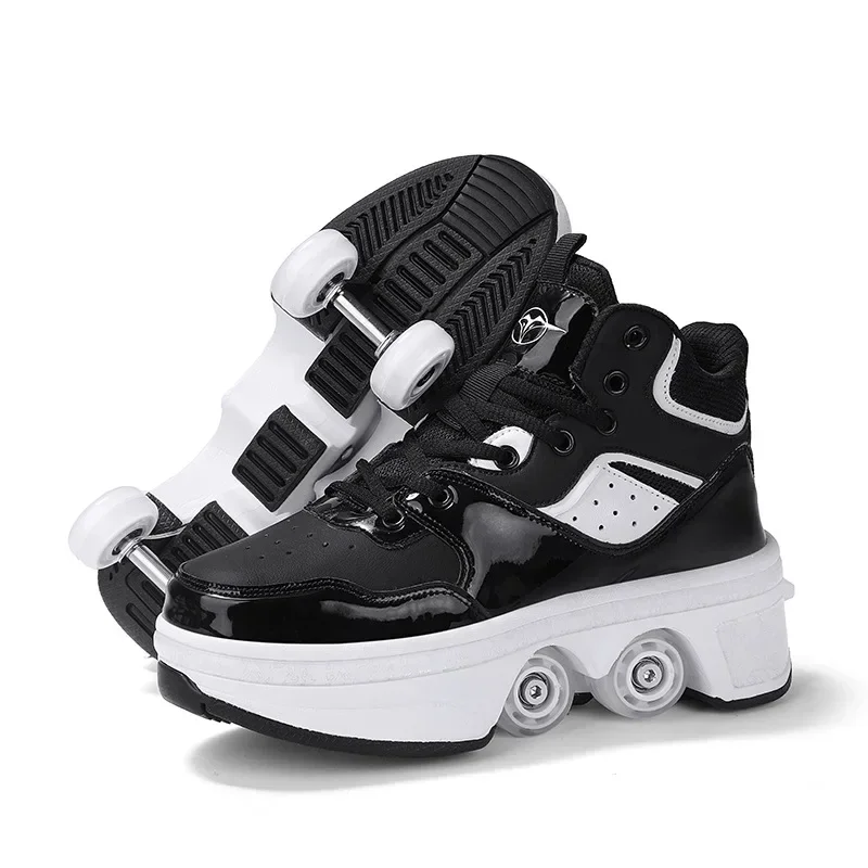 Deformable Four-wheel Walking Shoes Shrink Convenient High-top Skating Wheel Sneakers Microfiber Comfort Roller Skates