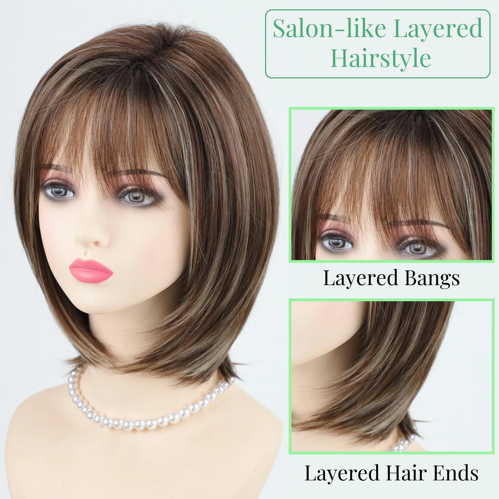Peluca Bob en capas con reflejos rubios, color marrón ombré, con flequillo, longitud media S...