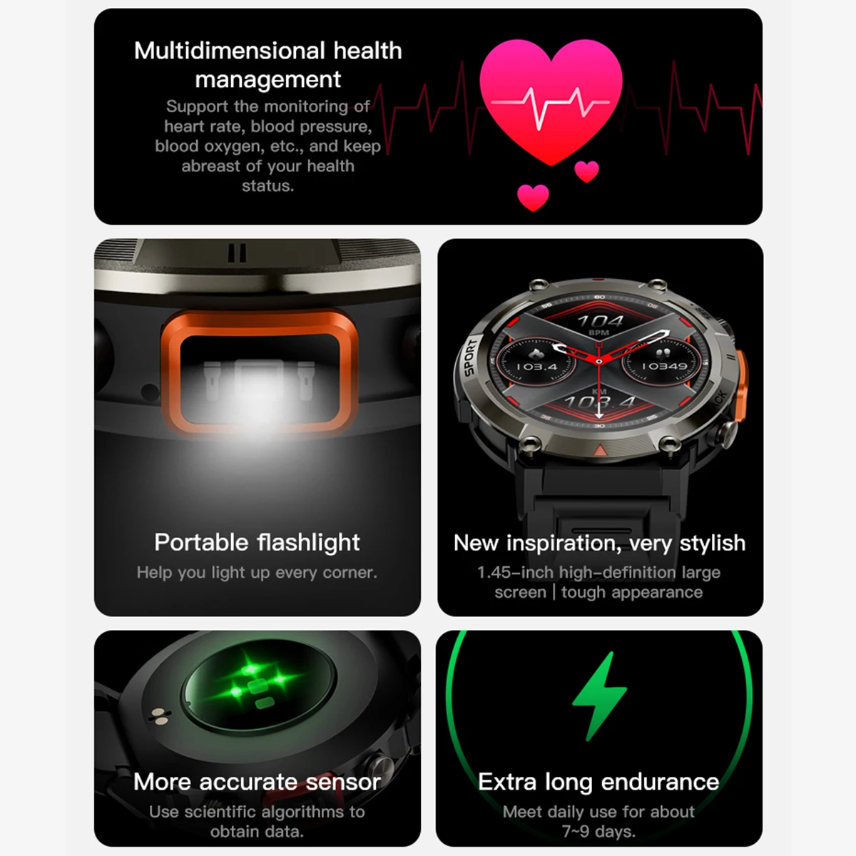 360*360 LED Flashlight Smart Watch Bluetooth Talk HeaIth Monitoring Sports Tracking IP68 Waterproof Outdoor Sports Smartwatch