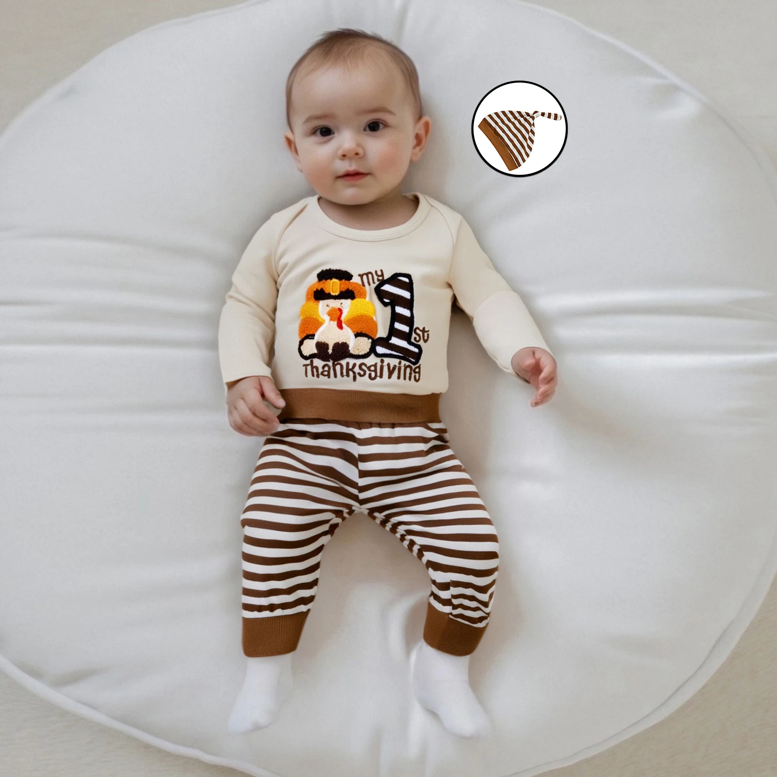 

Осенняя одежда для мальчиков, комплект из 3 предметов на День Благодарения, комбинезон с длинными рукавами + полосатые штаны + комплект шляпы, одежда для младенцев