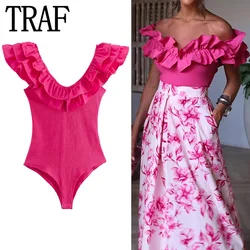 TRAF 2024 Pink Bodysuit Women Off Shoulder Ruffle Tops For Women Ruched Sleeveless Sexy Woman Bodys Summer Tight Bodysuit