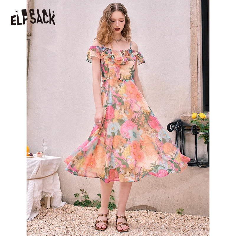 ELFSACK 2024 Summer New One-shoulder floral multi-color holiday style suspender dress for women