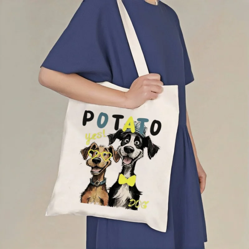 1 unidad de linda bolsa de lona con estampado de "Potato Dog", bolso de hombro informal, bolsa de transporte diaria reutilizable