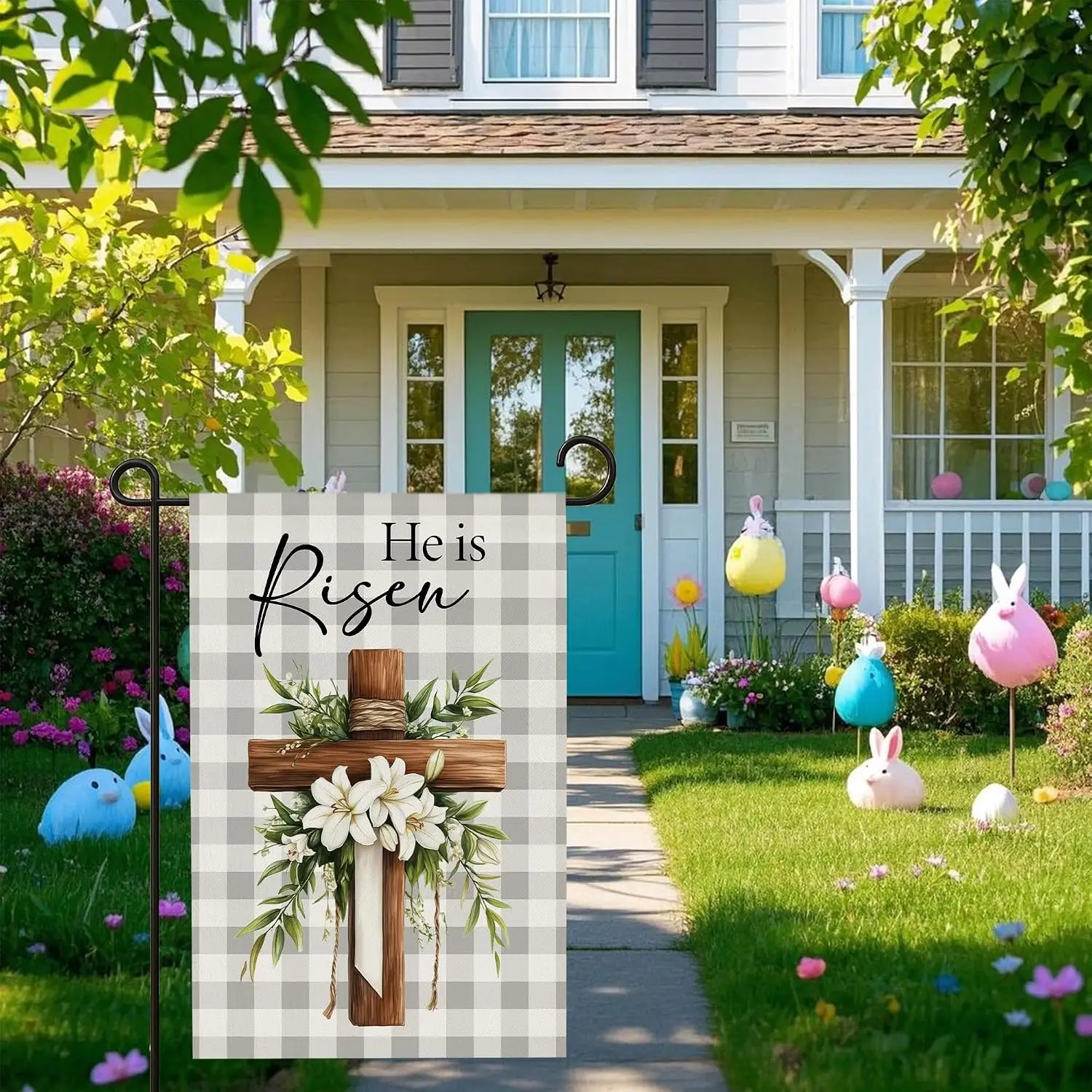 He is Risen Garden Flag 12 x 18 Inches, Happy Easter Cross Religious Decorative Double Sided Flag, Spring Flowers Flag Banne MMZ