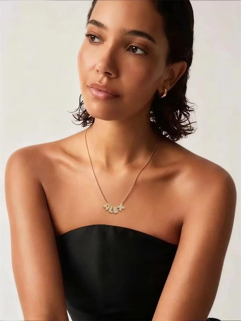 Custom Diamond Bubble 3D Letter Necklace Personalized Initial Charm with Zircon,18K Gold Plated Dainty Balloon Name Necklace - Detail 1