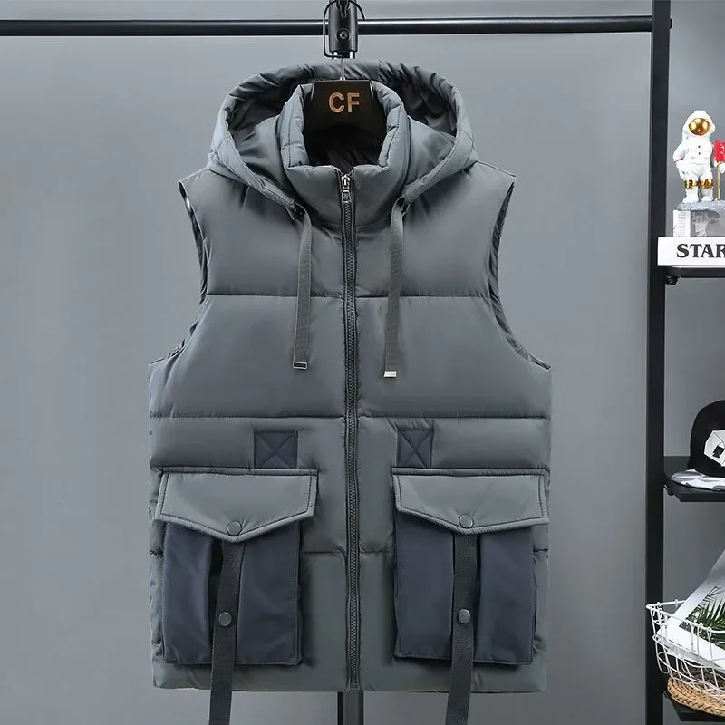 

Solid Color Waistcoat Warm Vest Casual Trenddy Sleeveless Jacket New Men Down Cotton Vest Autumn Winter Male Thicken Hooded