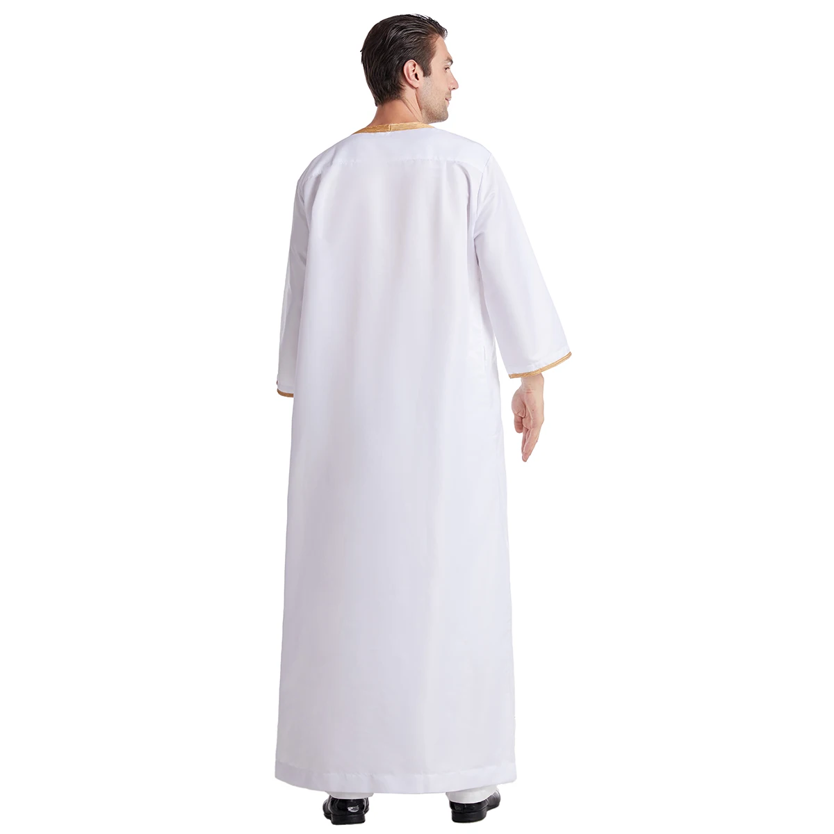 Homens muçulmanos oito mangas gola redonda cor pura bordado robe árabe masculino adulto tornozelo comprimento thobe ramadan eid roupas