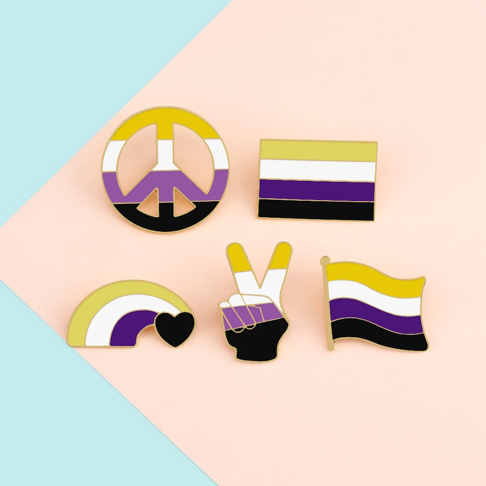 Non-binary Gender Lapel Pins LGBTQ Pride Rainbow Flag Peace Gesture Brooch Bag Denim Enamel Pin Genderqueer Badges Jewelry Gifts