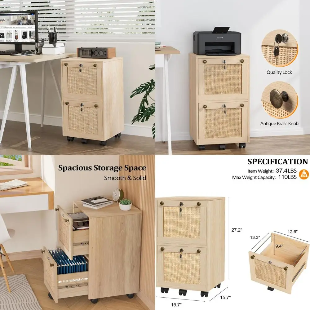 

Компактный двухъярусный шкаф для документов на колесиках для домашнего офиса, подставка для принтера, органайзер из дуба и ротанга на колесиках