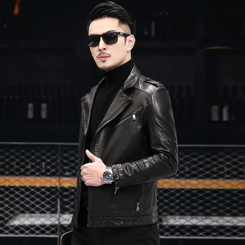 Tcyeek Men\'s Genuine Leather Jacket Oil Waxed Sheepskin Short Coats Spring Black Motorcycle Jackets for Men Clothing Chaquetas