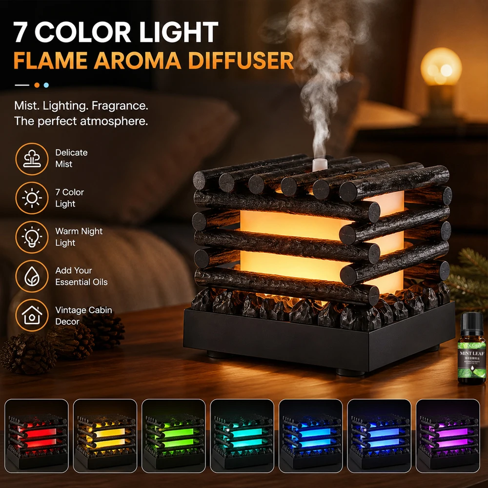 Fireplace Essential Oil Diffuser 200ml 7 Color Cool Mist Humidifier Quiet USB Aroma Diffuser for Home Bedroom Office Gift