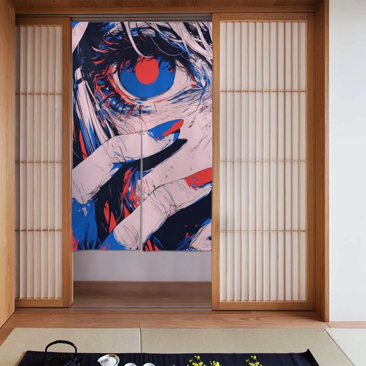 Rideau de porte à motif de fleurs de paysage japonais pour crèche, sans perçage