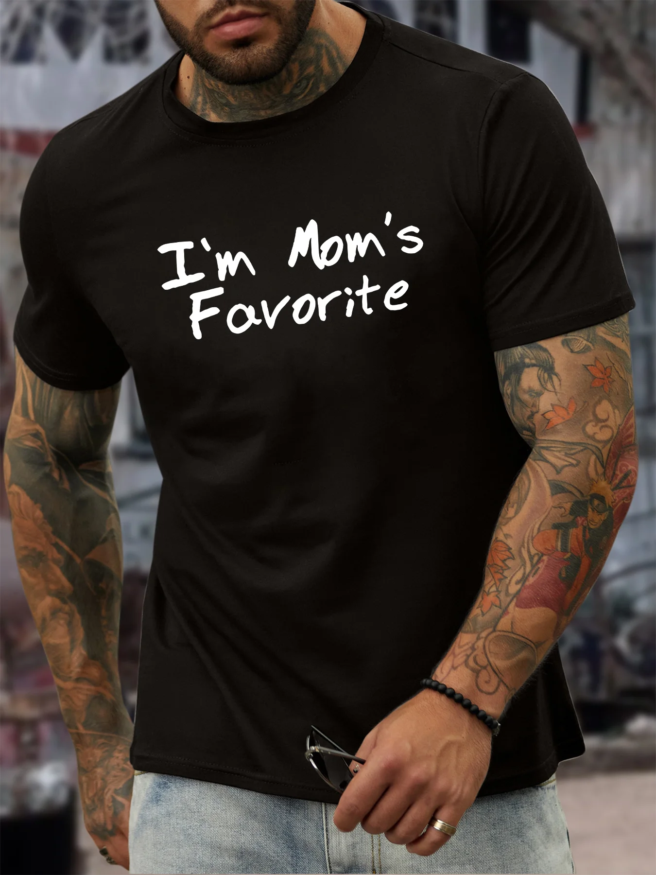 Family Humor Mens Crew Neck Cotton T Shirt I Am Moms Favorite Hand Letter Print Short Sleeve Casual Street Fashion Top