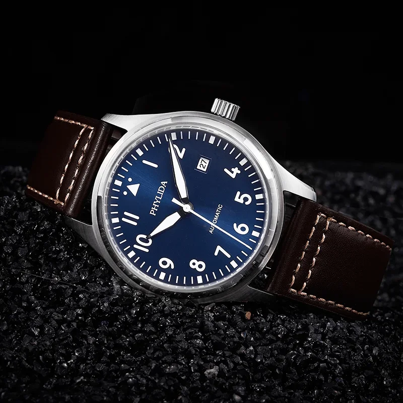 PHYLIDA 42mm Blue Dial Pilot Watch 5ATM Japan MIYOTA Automatic Domed Sapphire Crystal Genuine Leather Strap Little Prince