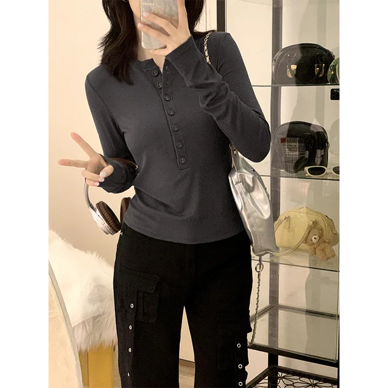 Vintage Button Half Open Collar Long Sleeve Women T Shirts Autumn Winter Elastic Slim Fit Female Tops Solid Color Bottom Tees