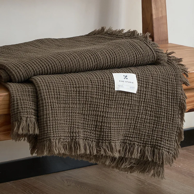 AIWINSURE-Simple Cotton Throw Blanket for Sofa Bed, Soft, Breathable, Vintage, Four-Layer Yarn, Tassel Blanket, 200x230
