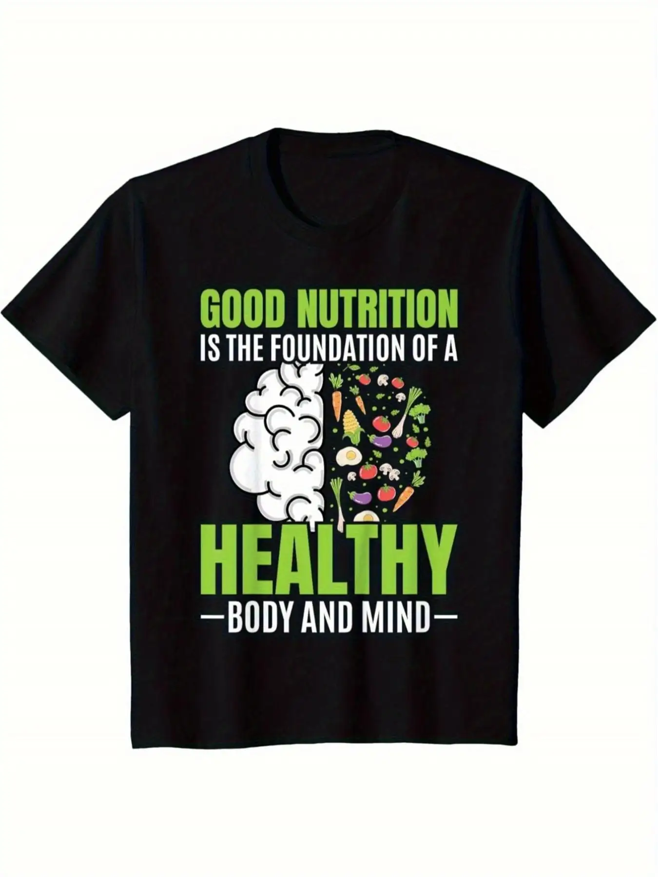 Healthy Eating Nutrition Facts T-Shirt - Fruits Vegetables Protein Dairy Group Design - Black with Green & White Slogan - Casual