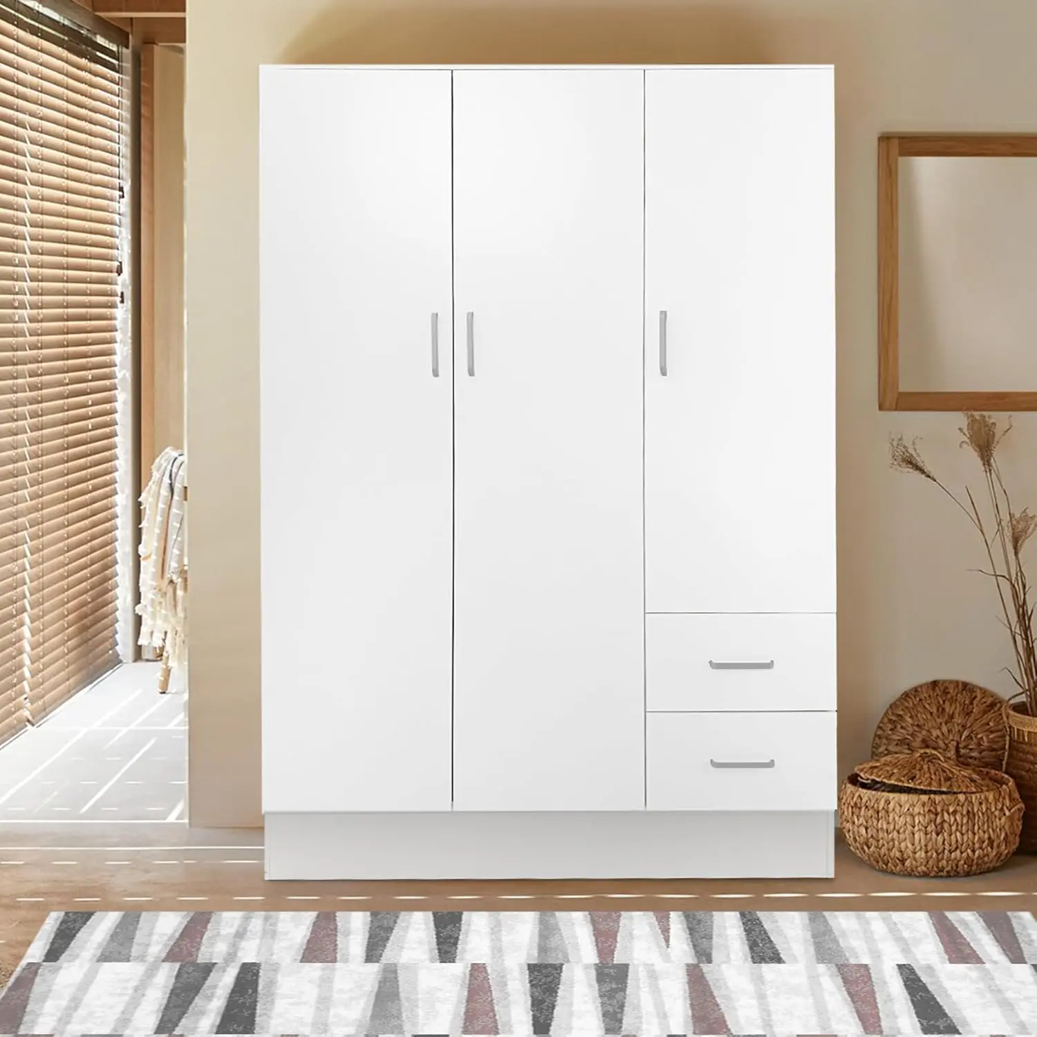 Casa Armadio 3 Ante con 2 Cassetti – Guardaroba Moderno Bianco Opaco, Spazioso e Salvaspazio (120x50x170 cm)