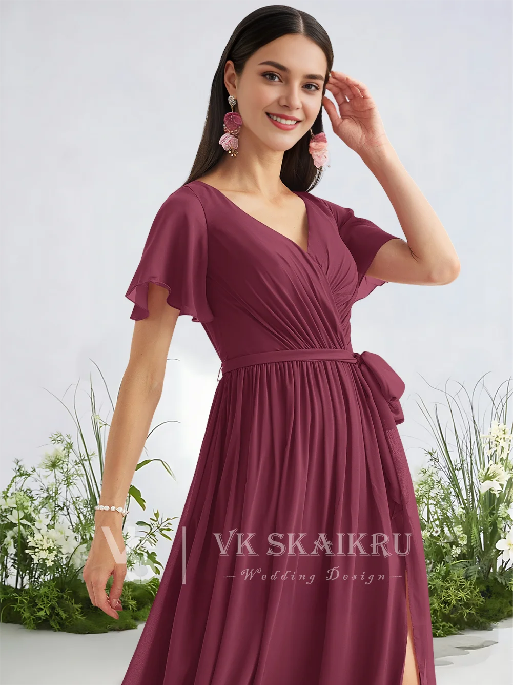 C فساتين وصيفة العروس للسيدات على شكل حرف a أرجواني بلوري على شكل حرف v طول الأرض شيفون حديقة حفل زفاف فستان كشكشة متتالية