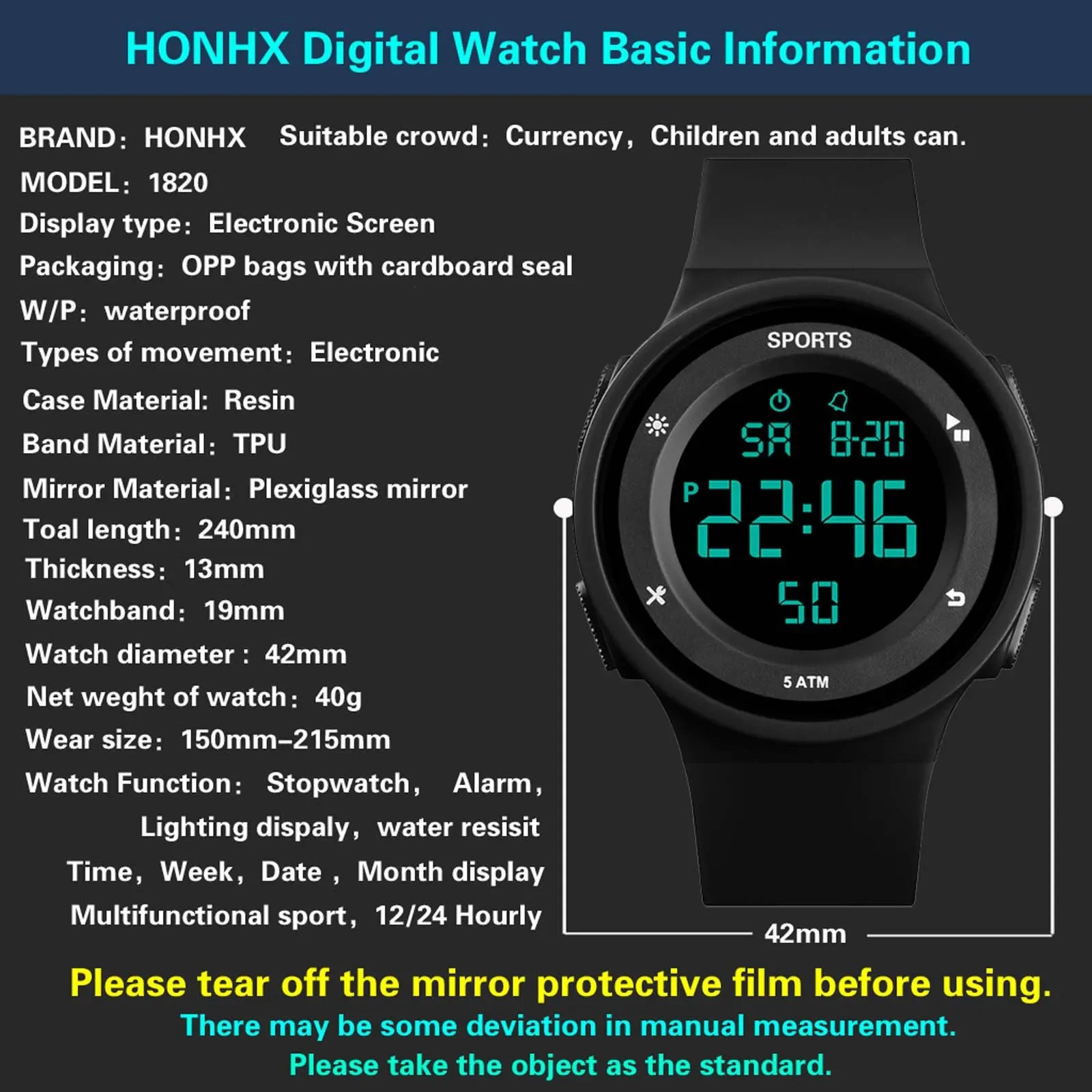 Unisex Sport Watch Multifunction Military Sports Waterproof Luminous LED Digital Watch Big Dial Student Electronic Watch