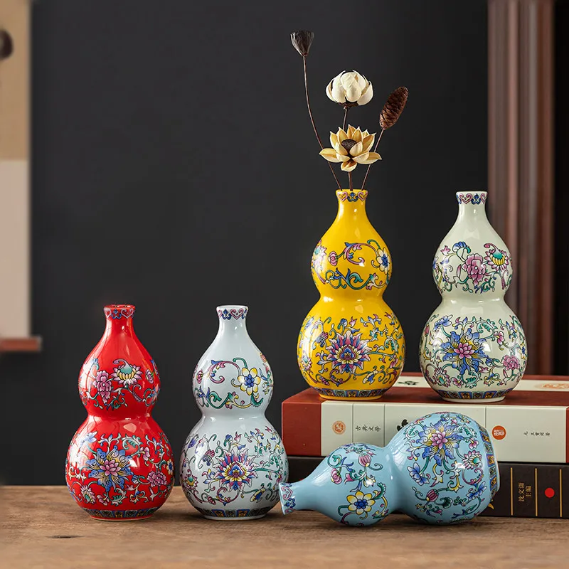 Chinese style enamel gourd ceramic vase, living room decoration, flower vase, desktop decoration vase