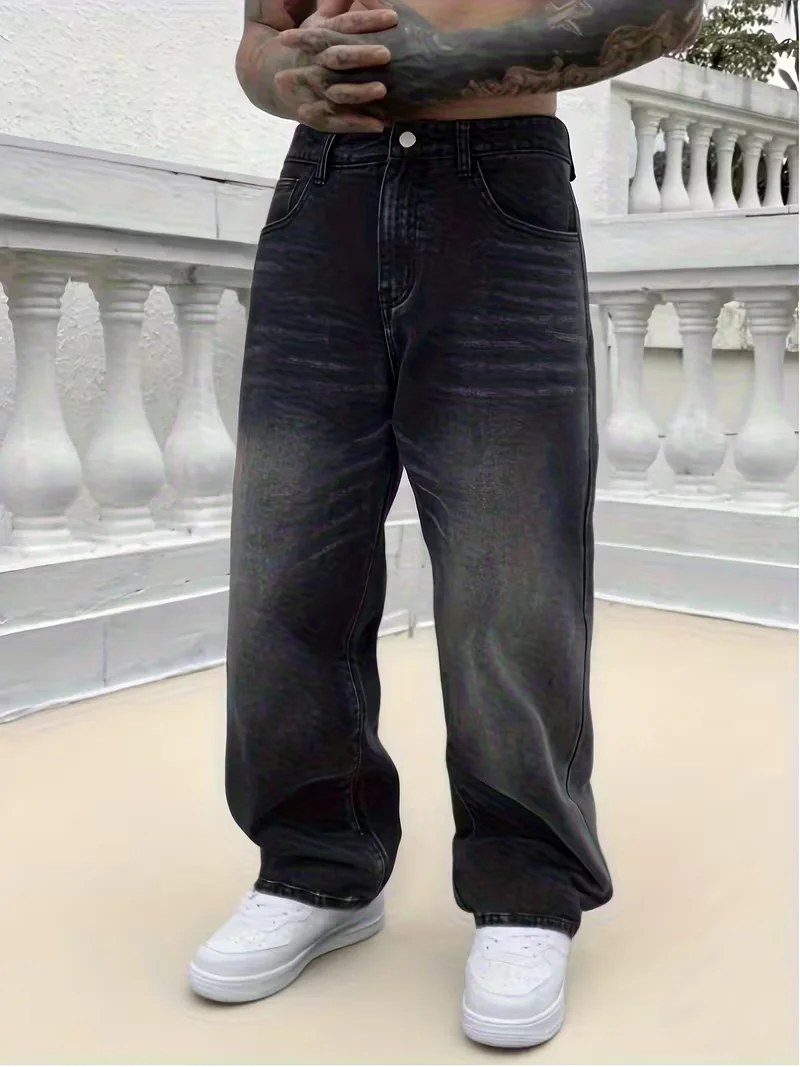 Men's Loose Wide-Leg Black Washed Denim Jeans Non-Stretch Multi-Pocket Casual Wear Pants