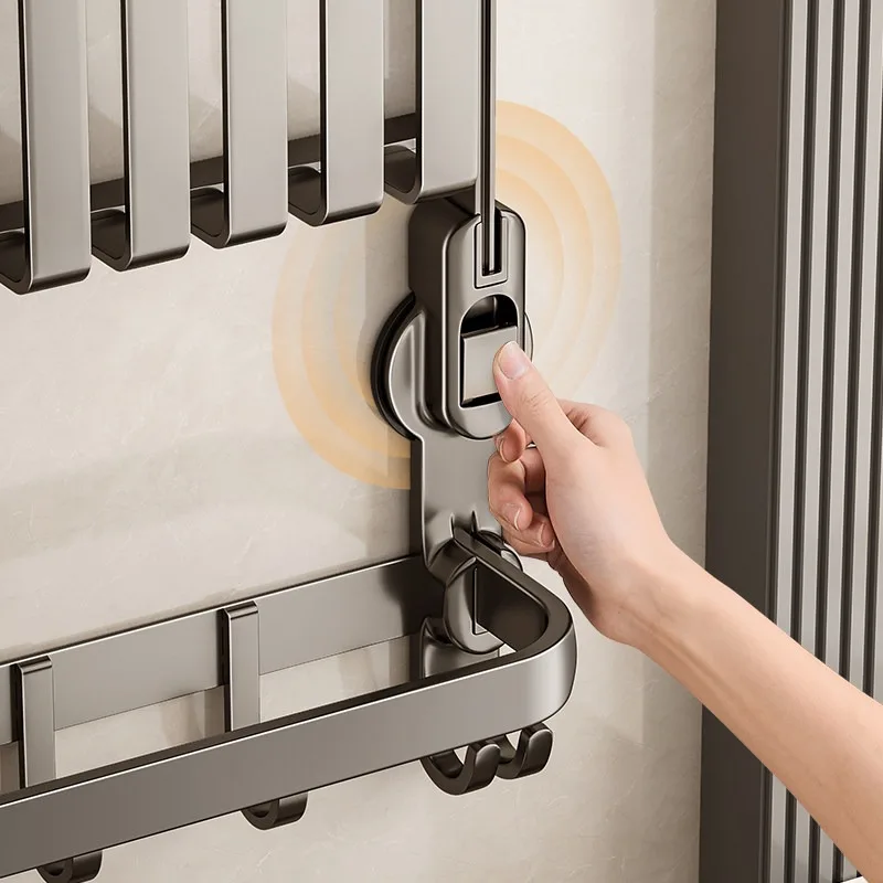 Suction Punch Free Towel Rack Bathroom Wall Mount Bath Towel Holder Integrated Mesh Basket Strong Suction Storage Shelf