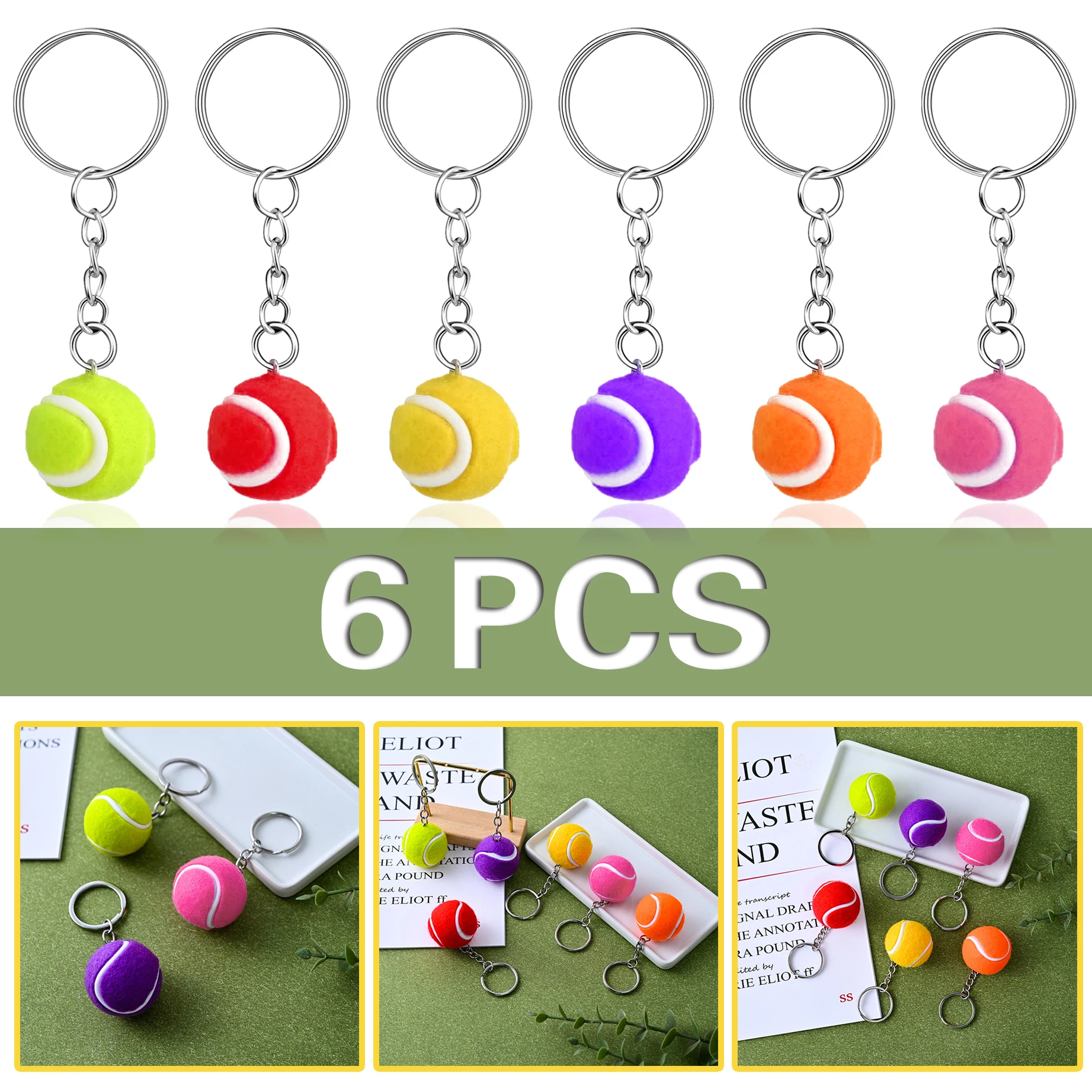 

6Pcs Key Chain Tennis Ball Metal Keychain Car Key Chain Key Ring sports chain sliver color pendant