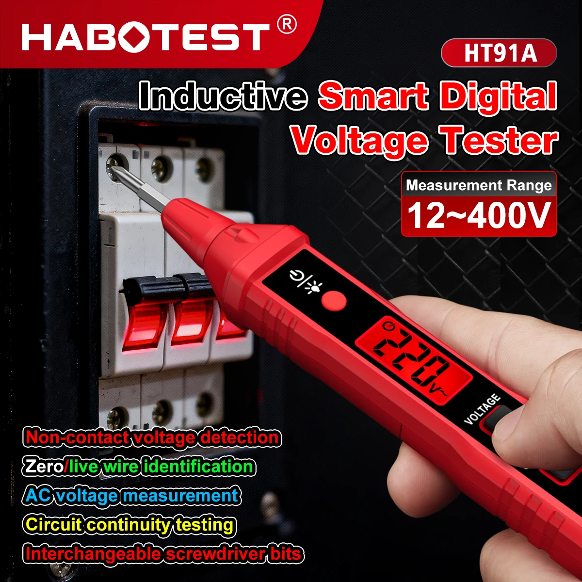 2026 New HABOTEST HT91A Voltage Tester Pen NCV 12-400V AC LCD Live/Neutral Detector with Flashlight Slotted Phillips Bits