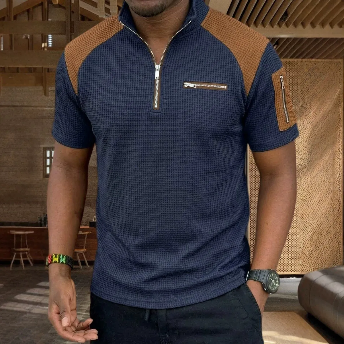 New summer men's retro check knit polo shirt - half-open short sleeves, breathable, form-fitting, suitable for casual sports sty