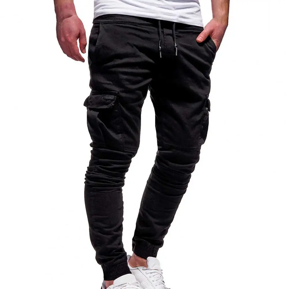 Loose Multi Pockets Men Cargo Pants Sweatpants Trousers Loose Mid Rise Casual Pants Solid Color Drawstring Sports Pants