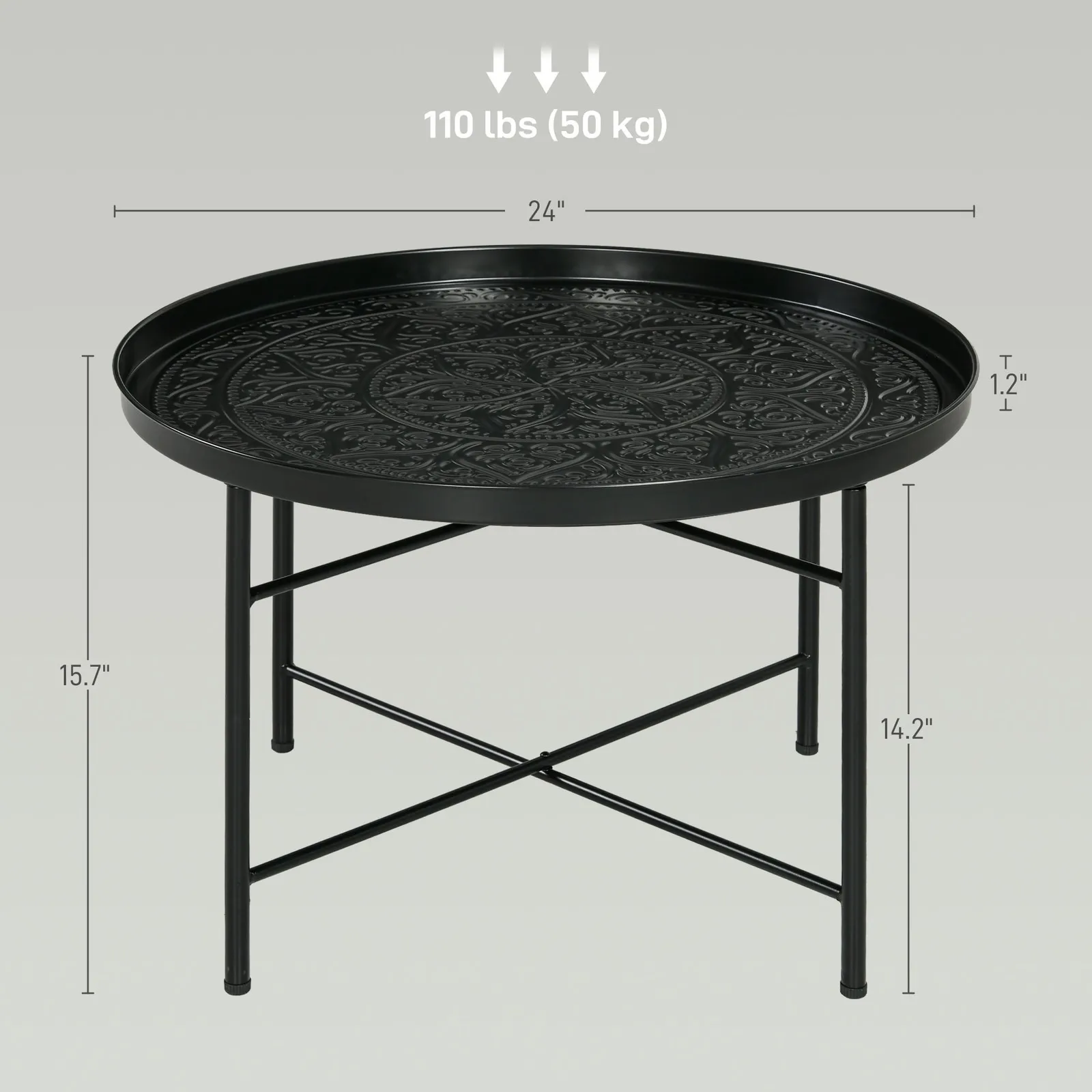 طاولة قهوة مستديرة مقاس 24 بوصة مع صينية مطروقة وإطار معدني قوي باللون الأسود