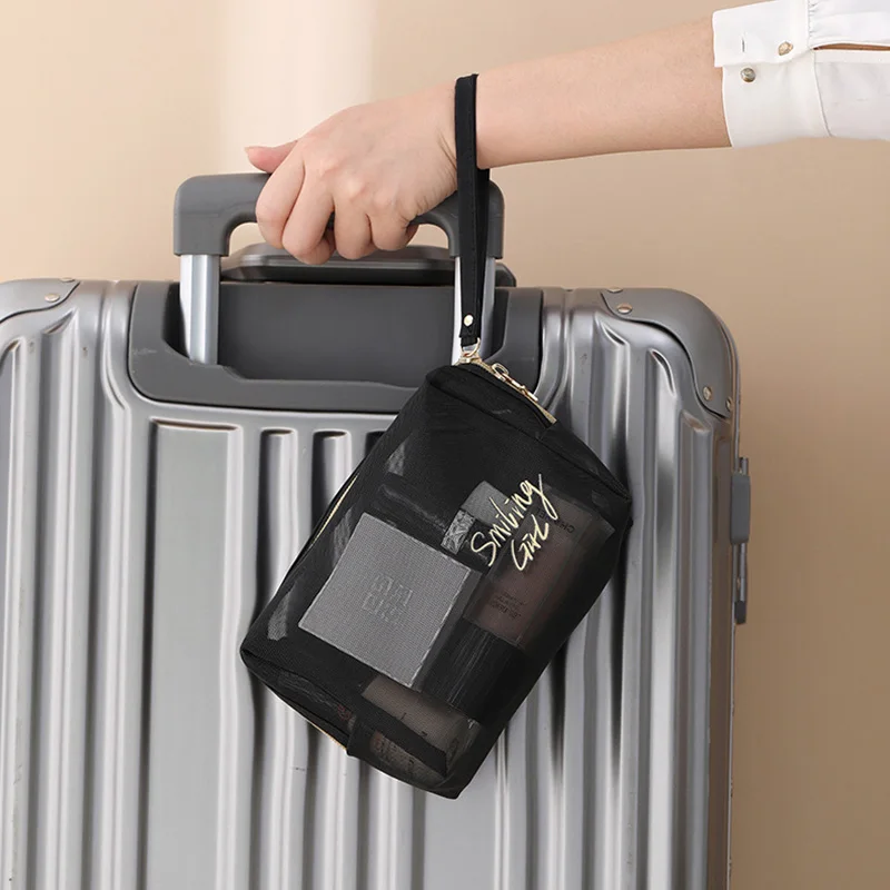 Bolsa de cosméticos de malla con letras doradas y negras para mujer, estuche organizador de cepillos de estrella de viaje, bolsa de maquillaje de aseo transparente grande, caja de kits