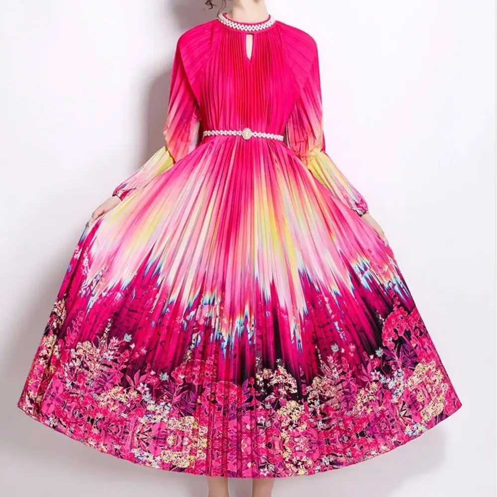 ヴィンテージ風エレガントプリーツ透かしプリントOネックランタン袖Aラインワンピース 春秋ファッション レディースドレス