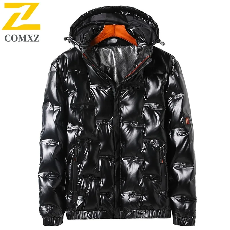 COMXZ Men Solid Color Down Jacket Winter Fleece Lined Thickened Cotton Coat Loose Fit Big Size Wear Gray Duck Down Padded Coat